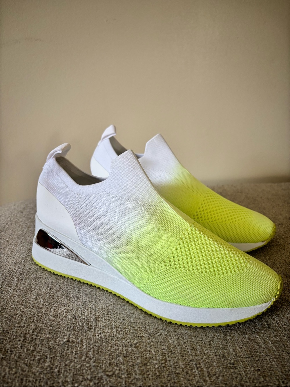 Alfani White and Neon Yellow Slip-On Wedge Sneakers